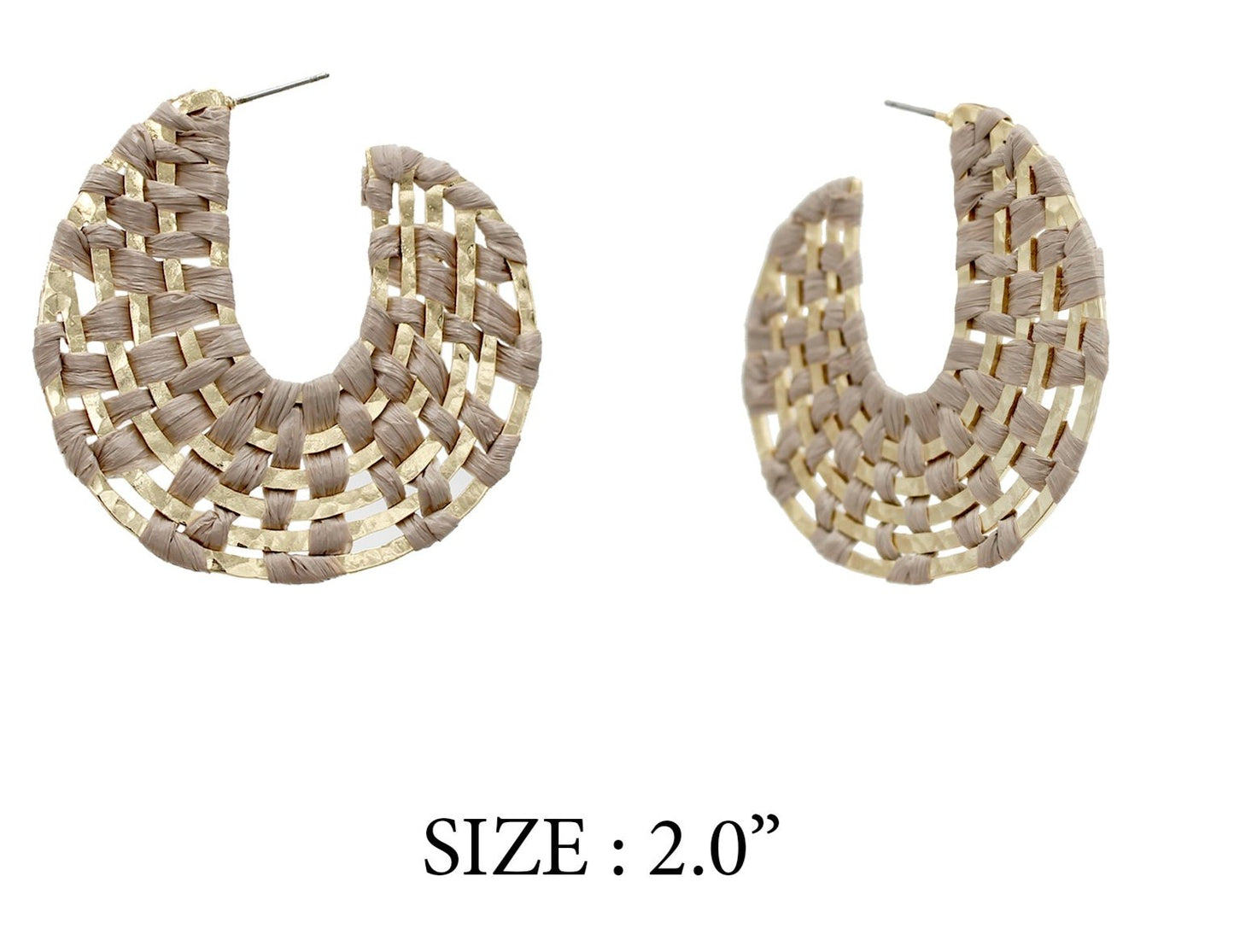 Taupe Raffia Woven and Gold Hoop 2" Earring