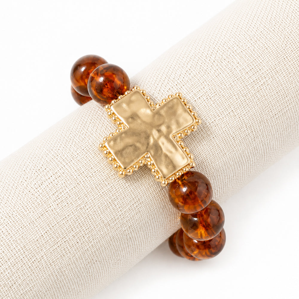 Brown Beaded with Hammered Squared Cross Stretch Bracelet