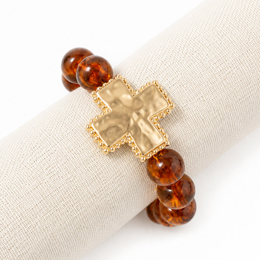 Brown Beaded with Hammered Squared Cross Stretch Bracelet