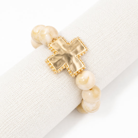 Natural Beaded with Hammered Squared Cross Stretch Bracelet