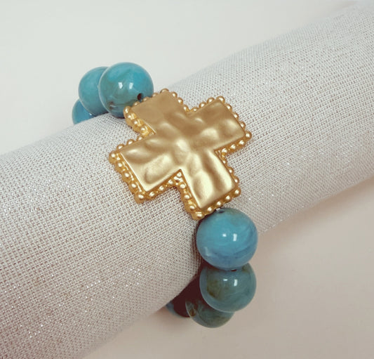 Turquoise Beaded with Hammered Squared Cross Stretch Bracelet