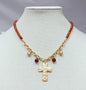 Brown Small Beaded with Gold Chain and Hammered Gold Cross 16"-18" Necklace