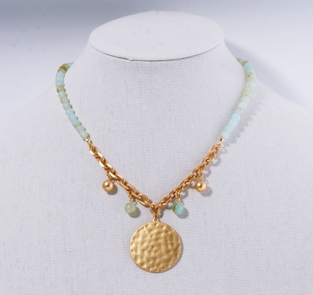 Hammered Disk with Jade Beaded 16"-18" Necklace