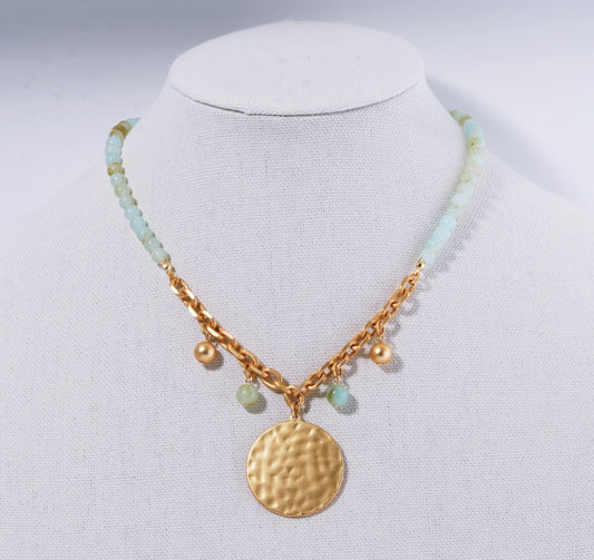 Hammered Disk with Jade Beaded 16"-18" Necklace