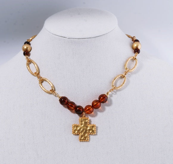 Brown Beaded and Open Gold Chain with Hammered Cross 16"-18" Necklace
