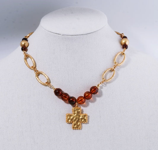 Brown Beaded and Open Gold Chain with Hammered Cross 16"-18" Necklace