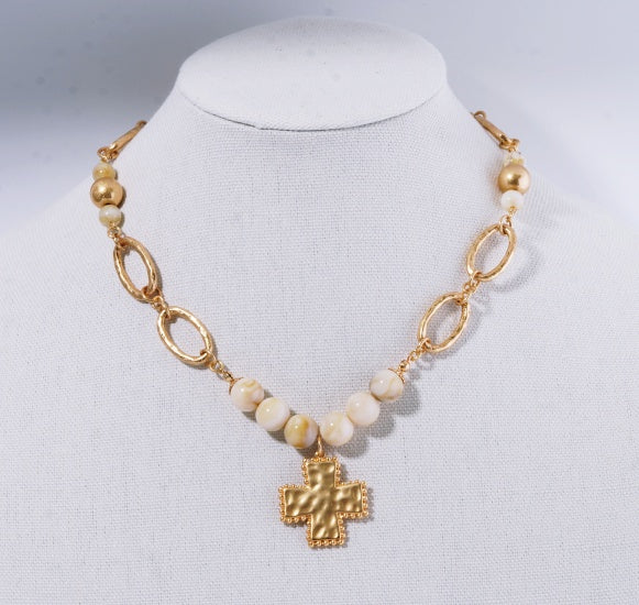 Natural Beaded and Open Gold Chain with Hammered Cross 16"-18" Necklace