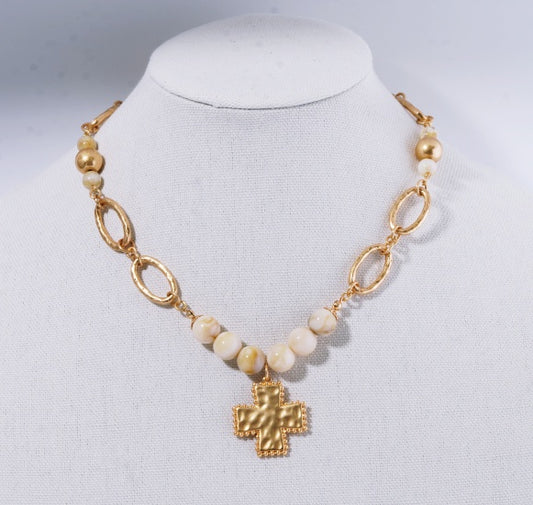 Natural Beaded and Open Gold Chain with Hammered Cross 16"-18" Necklace