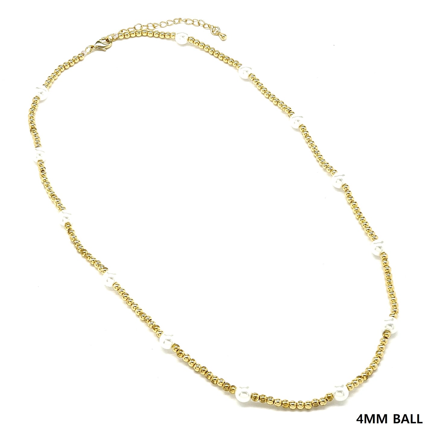 Waterproof Stainless-Steel Gold 4MMBead and Pearl 16"-18" Necklace