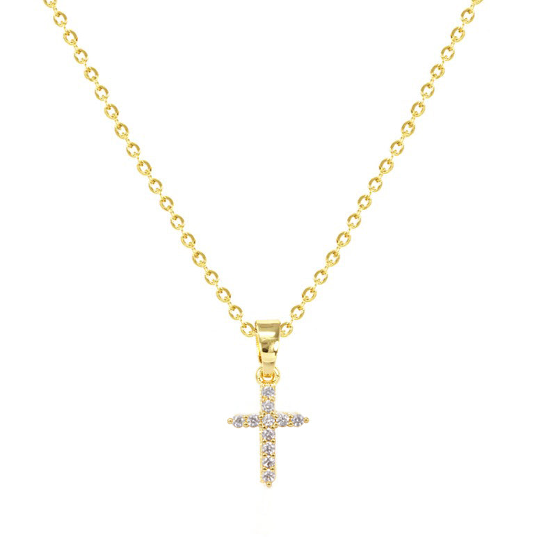 Waterproof Stainless-Steel Gold Chain with Rhinestone Cross Charm 16"-18" Necklace
