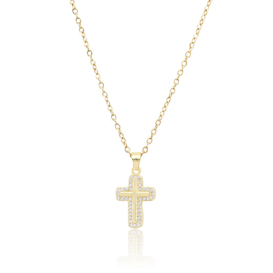 Waterproof Stainless-Steel Gold Chain with Rhinestone Cross Charm 16"-18" Necklace