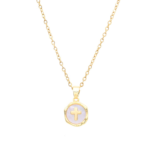 Waterproof Stainless-Steel Gold Chain with Mother of Pearl and Gold Cross 16"-18" Necklace