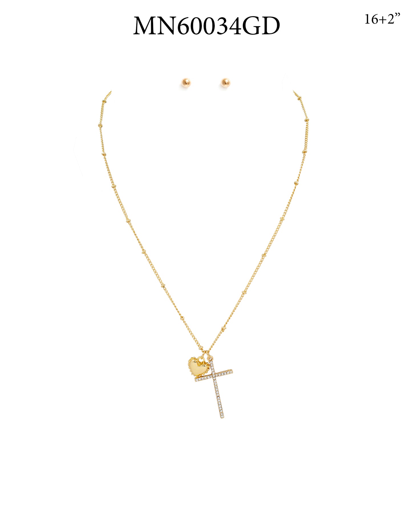 Rhinestone Cross and Puffy Heart 16"-18" Necklace