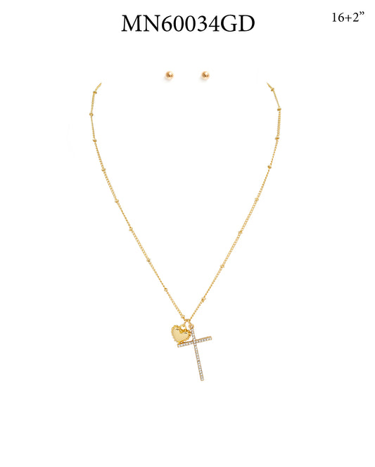 Rhinestone Cross and Puffy Heart 16"-18" Necklace