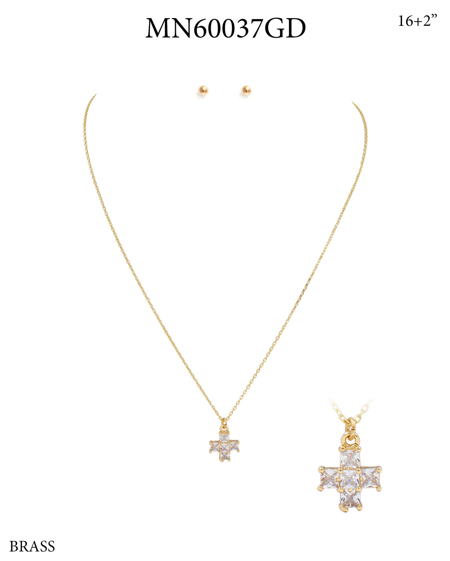 Gold Chain with Rhinestone Squared Cross 16"-18" Necklace