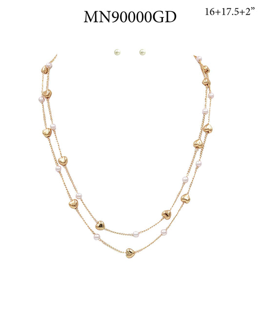 Gold Heart and Pearl Two Layered 16"-18" Necklace