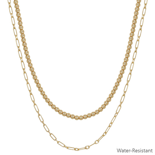 Water Resistant Gold Beaded and Chain Layered 16"-18" Necklace