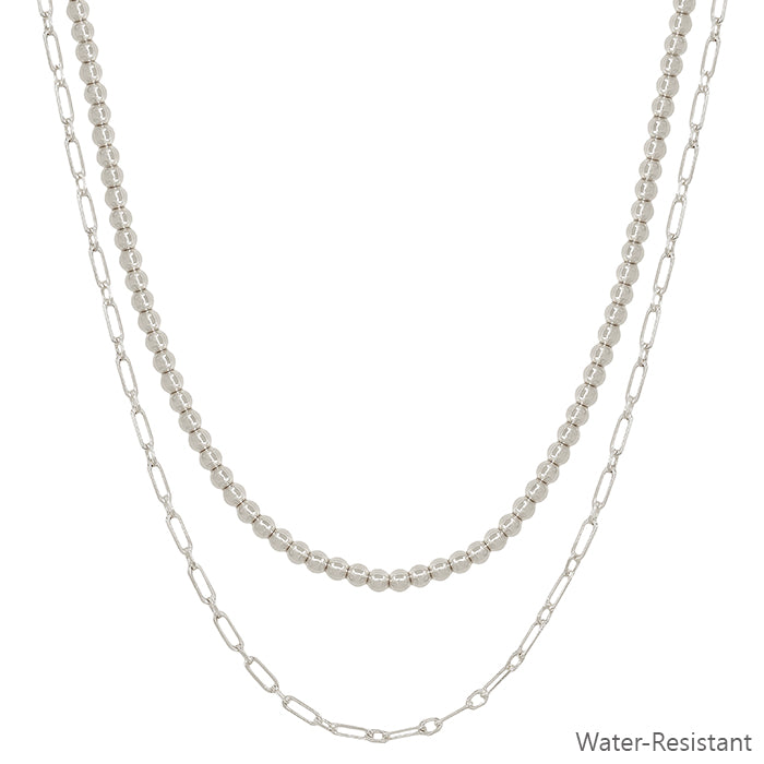 Water Resistant Silver Beaded and Chain Layered 16"-18" Necklace