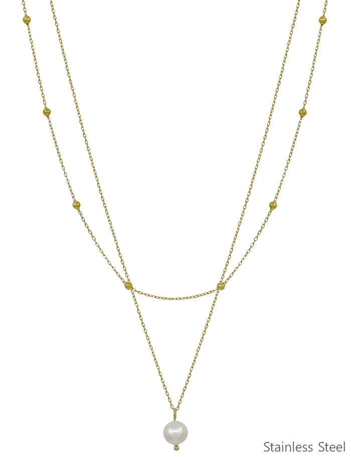 Stainless Steel Gold Layered Chain with Pearl 16"-18" Necklace