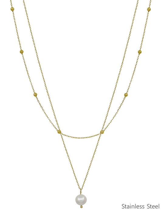 Stainless Steel Gold Layered Chain with Pearl 16"-18" Necklace