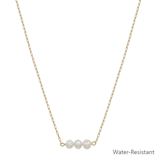 Water Resistant Three Pearl on Gold Chain 16"-18" Necklace