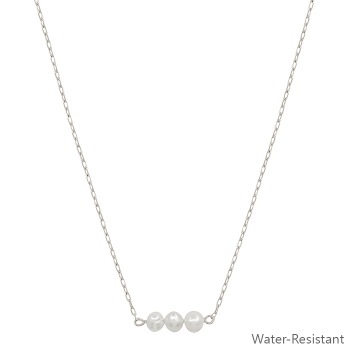 Water Resistant Three Pearl on Silver Chain 16"-18" Necklace