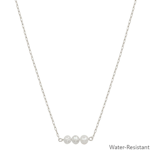 Water Resistant Three Pearl on Silver Chain 16"-18" Necklace