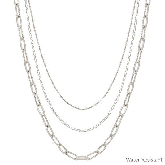 Water Resistant Triple Layered Silver Clip Chain 16"-18" Necklace