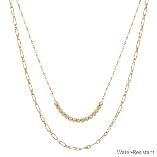 Water Resistant Double Layered Beaded and Gold Chain 16"-18" Necklace