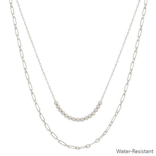 Water Resistant Double Layered Beaded and Silver Chain 16"-18" Necklace