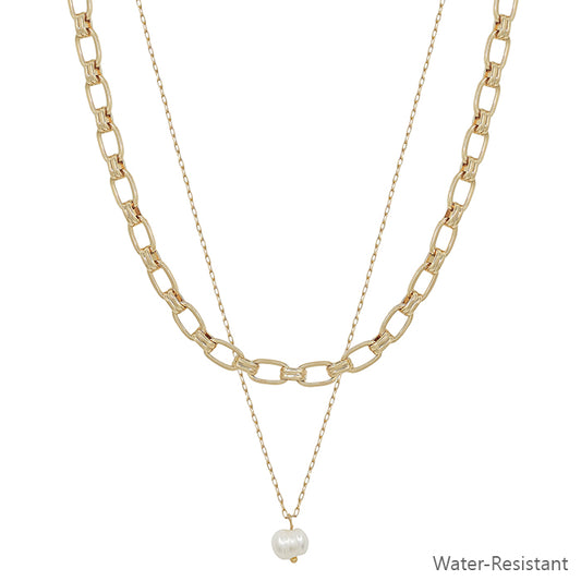 Water Resistant Gold Layered Chain with Freshwater Pearl 16"-18" Necklace