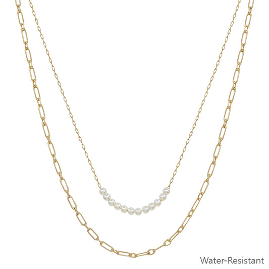 Water Resistant Double Layered Pearl Beaded and Gold Chain 16"-18" Necklace