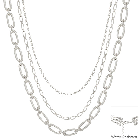 Water Resistant Triple Layered Silver Chunky Oval Clip Chain 16"-18" Necklace