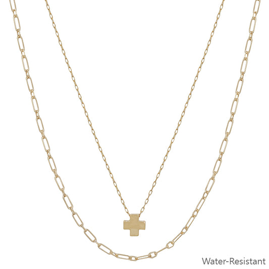 Water Resistant Layered Gold Cross Shape and Chain 16"-18" Necklace