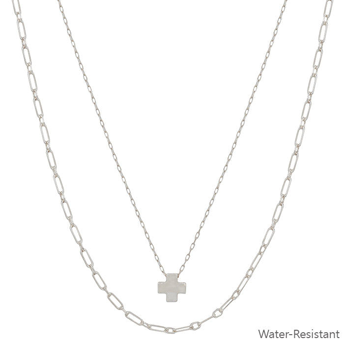 Water Resistant Layered Silver Cross Shape Charm and Chain 16"-18" Necklace