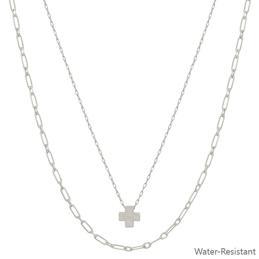 Water Resistant Layered Silver Cross Shape and Chain 16"-18" Necklace