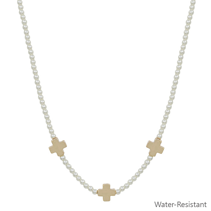 Water Resistant Pearl with Gold Cross Shape 16"-18" Necklace