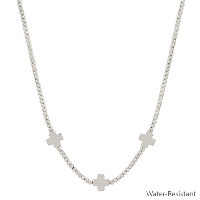 Water Resistant Silver Beaded with Silver Cross Shape 16"-18" Necklace