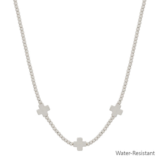 Water Resistant Silver Beaded with Silver Cross Shape 16"-18" Necklace