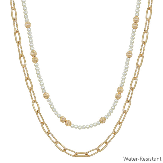 Water Resistant Double Layered Pearl Beaded and Chain 16"-18" Necklace