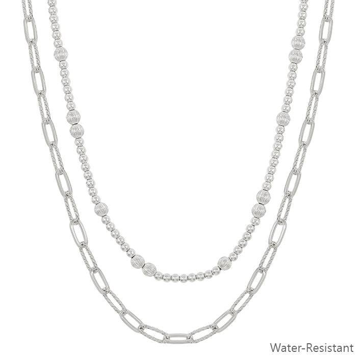 Water Resistant Double Layered Silver Beaded and Chain 16"-18" Necklace