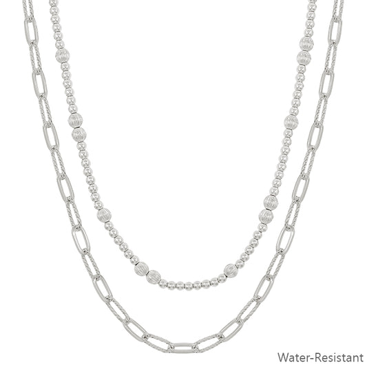 Water Resistant Double Layered Silver Beaded and Chain 16"-18" Necklace