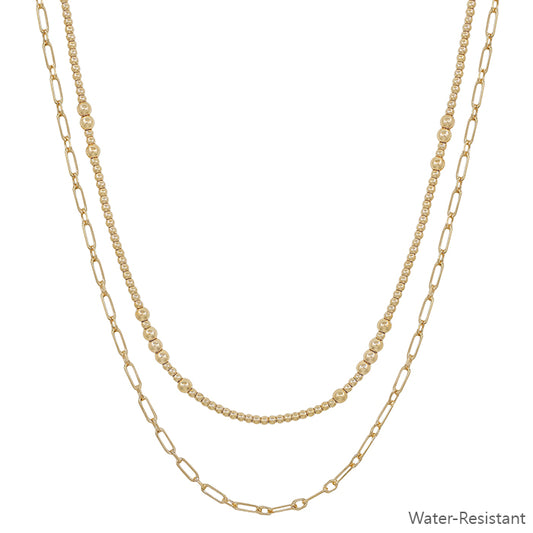 Water Resistant Double Layered Gold Beaded and Chain 16"-18" Necklace