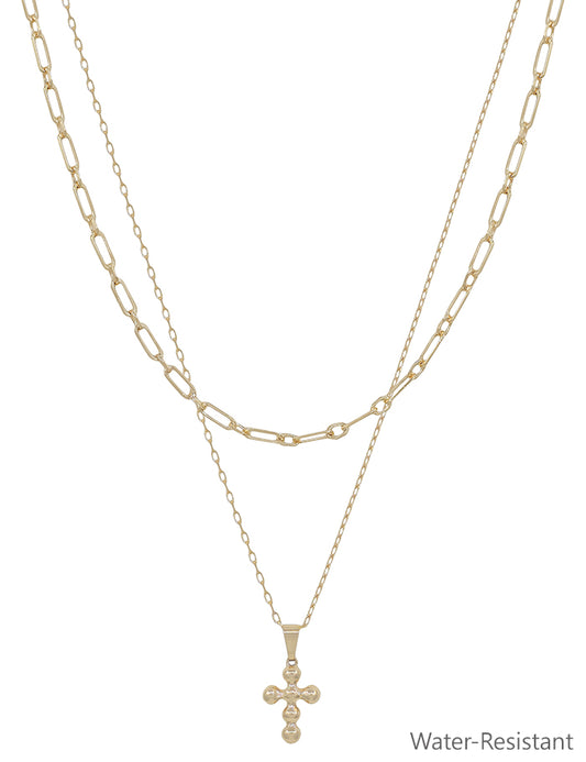 Water Resistant Gold Beaded Cross Layered 16"-18" Necklace