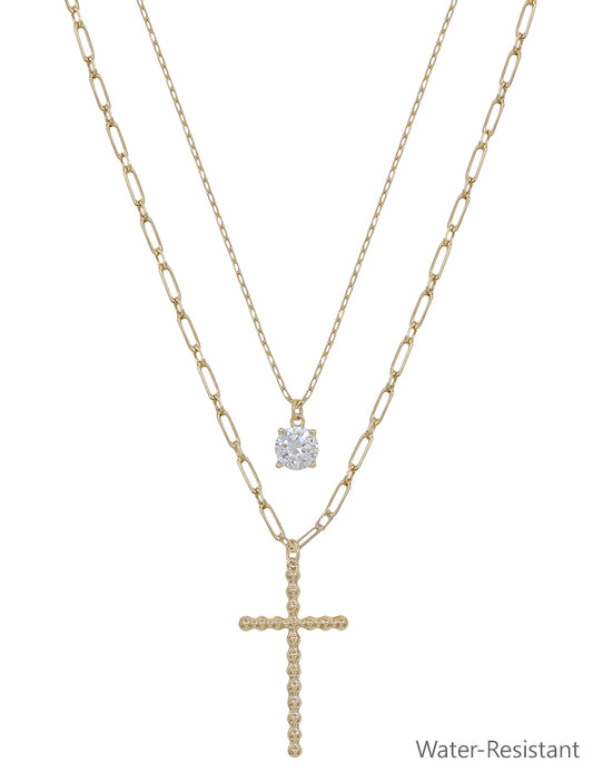 Water Resistant Gold Cross Layered with Crystal 16"-18" Necklace