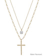 Water Resistant Gold Cross Charm Layered with Crystal 16"-18" Necklace