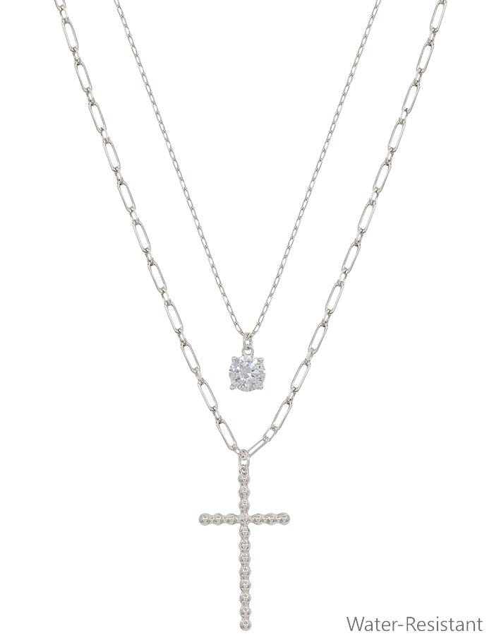 Water Resistant Silver Cross Charm Layered with Crystal 16"-18" Necklace