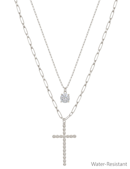 Water Resistant Silver Cross Charm Layered with Crystal 16"-18" Necklace