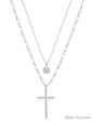 Water Resistant Silver Cross Charm Layered with Crystal 16"-18" Necklace