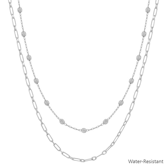 Water Resistant Silver Double Layered Beaded 16"-18" Necklace